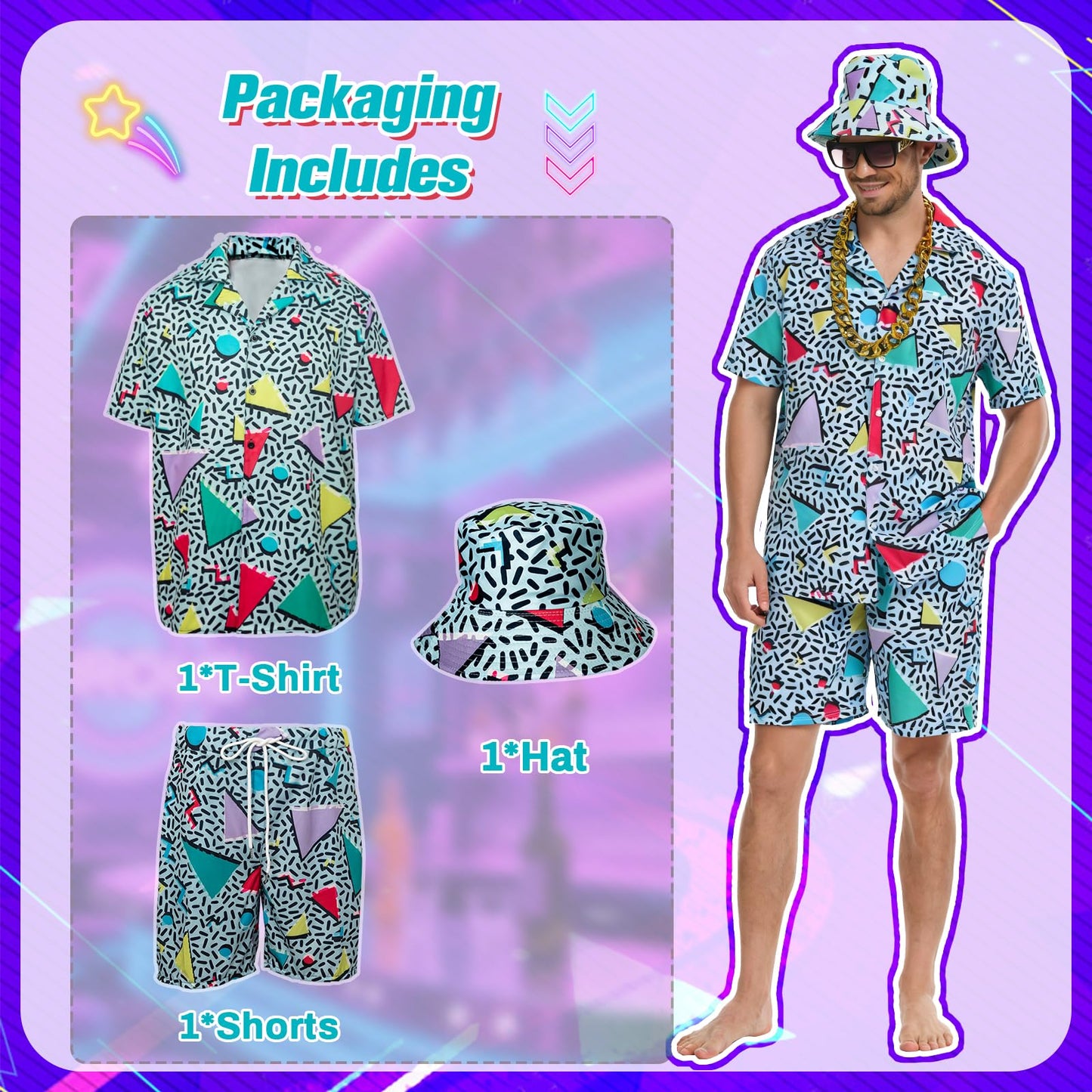 HZVRTN 80s Fancy Dress Men Hip-Hop T-Shirts And Shorts Set, 7Pcs Retro 80s 90s Hip-Hop Sportswear, Shell Suit Mens Fancy Dress Costume for Beach Party, Music Festival, Carnival, Disco (Green, L)