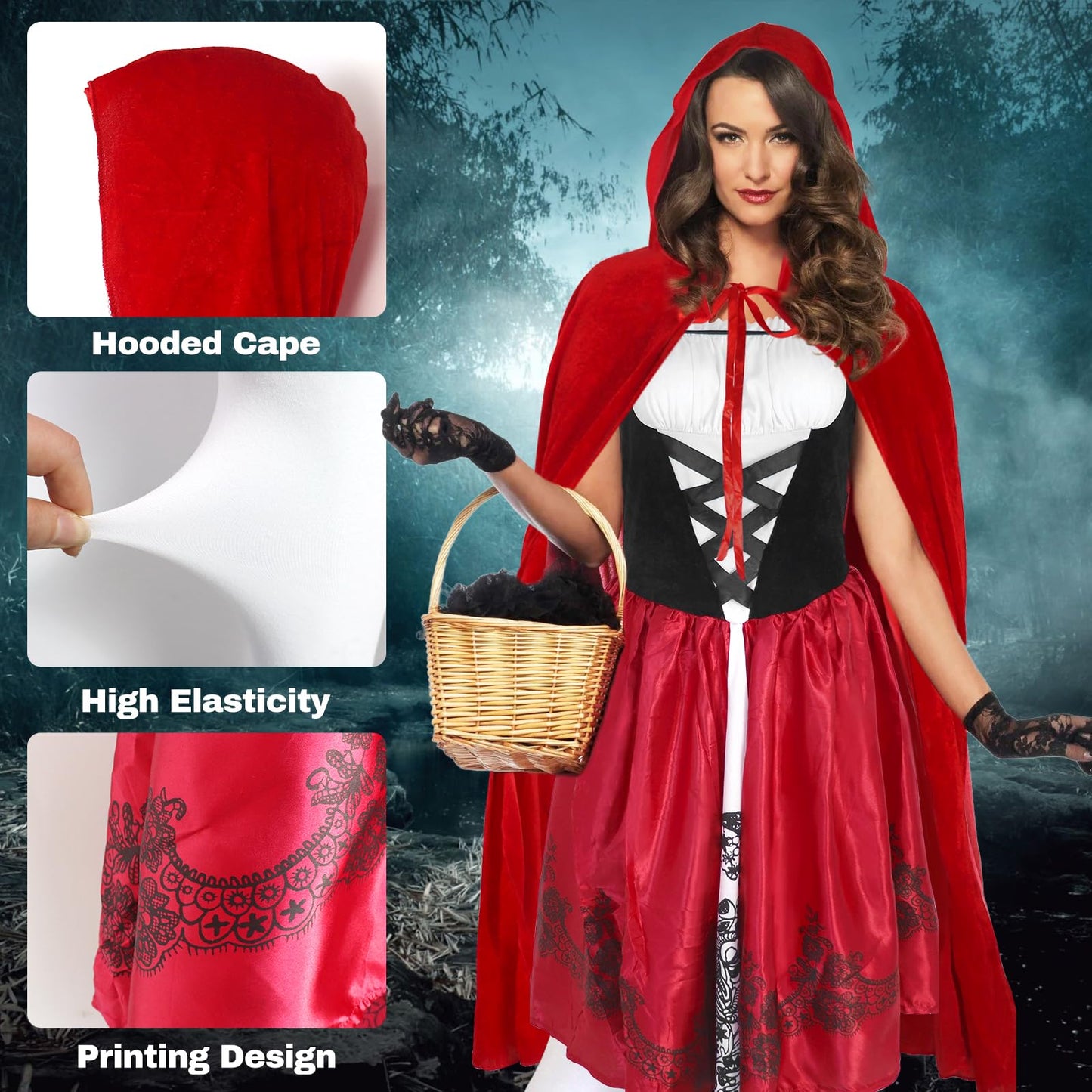 Oerphh 3PCS Adult Red Dress Costume Set for Women Halloween Fancy Dress Costumes with Hooded Cape Cloak Knee Thigh High Socks for Christmas Role Play Outfit (Red, M)