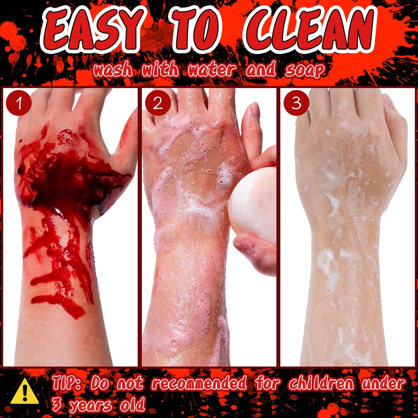 TonJin Halloween Fake Blood Makeup Kit, 3PCS Realistic Washable Costume Blood Set (1.69oz Spray + 1.69oz Dripping + 1.01oz Coagulated ) for Zombie Vampire SFX, Dark Coagulated & Fresh Blood Effects