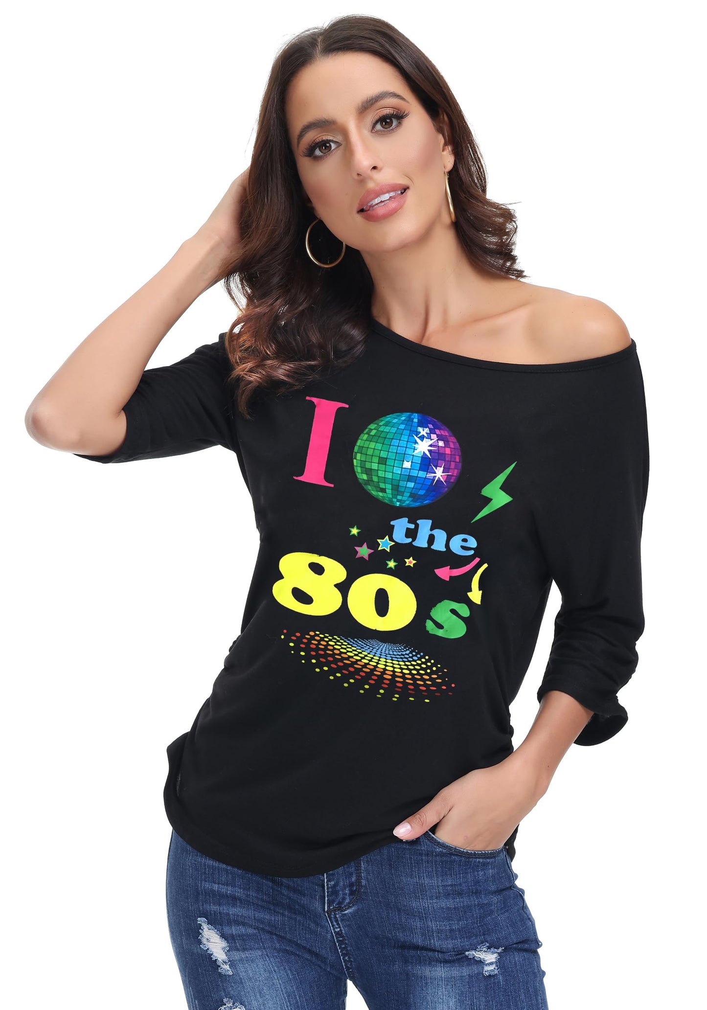 80s T Shirt Fancy Dress Costume for Women Off Shoulder Tops Sexy (image 4)
