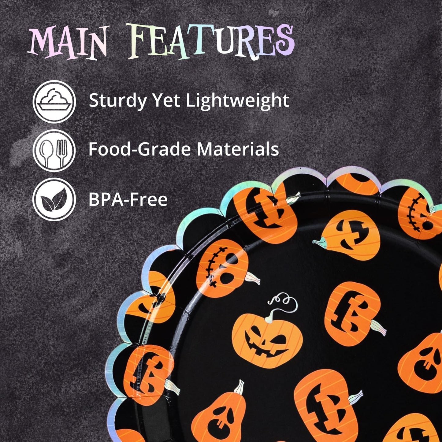 Halloween Paper Plates, 50-Count Disposable Halloween Dinner Plates, Scalloped, Party Supplies, Jack O' Lantern, Iridescent Silver Foil