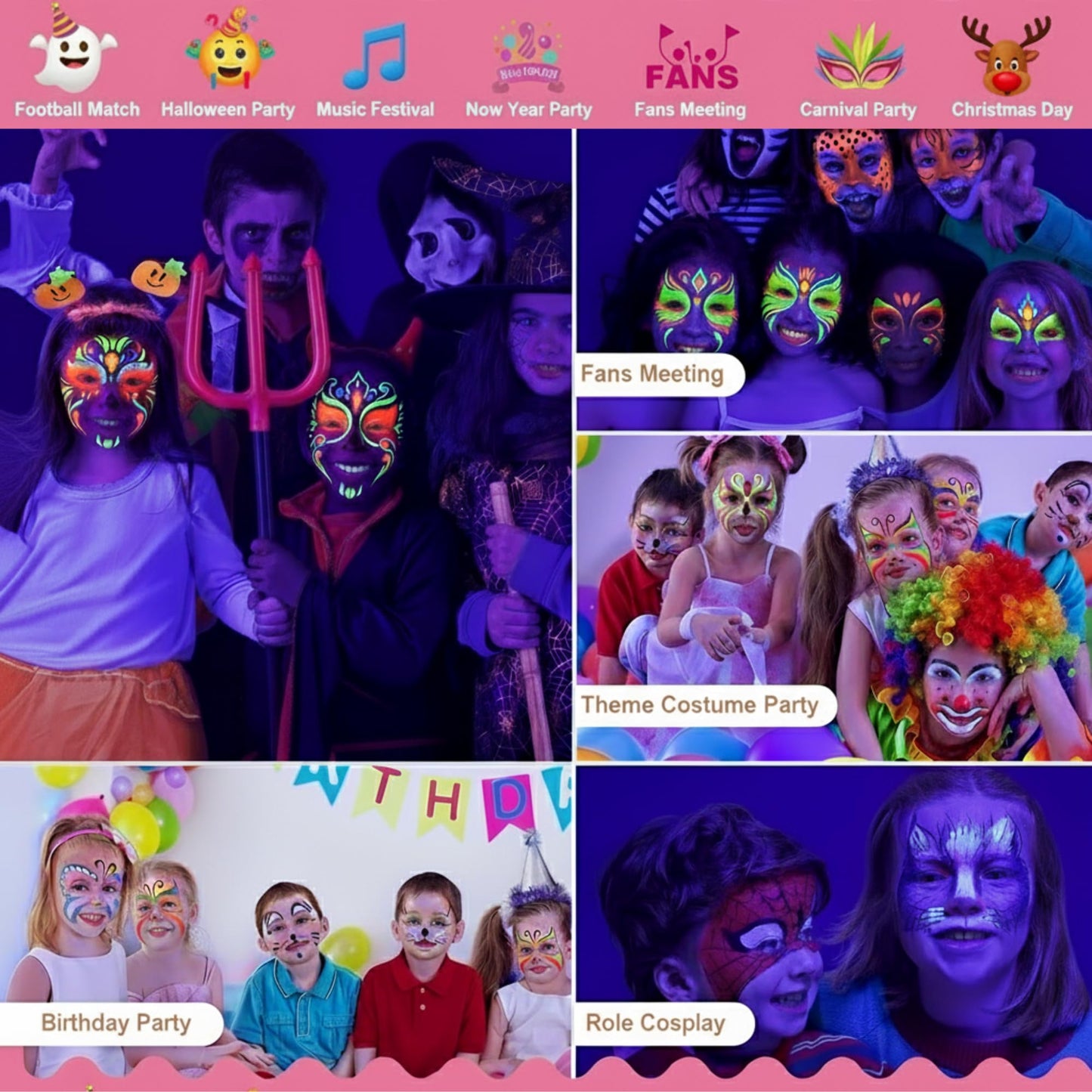 15 Colors Neon Face Paint Kit for Kids & Adults – UV Glow Body & Face Painting Set with Brushes & Stencils | Non-Toxic, Quick Dry, Easy to Wash, Long-Lasting Party Makeup