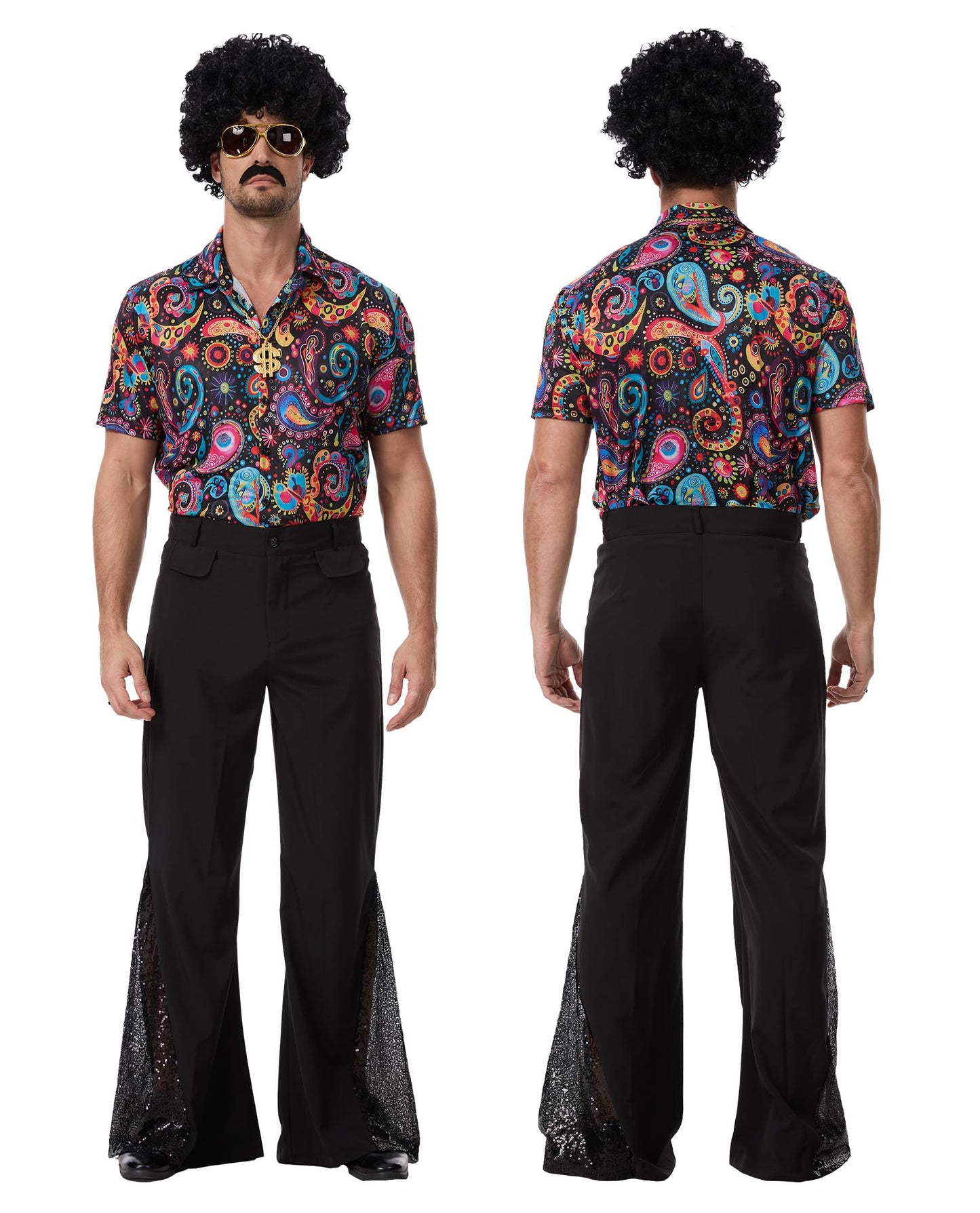 PQCXXA Men's 70s Disco Costume Set - Gold Sequin Shirt & Black Flared Trousers with Dollar Necklace, Sunglasses, Afro Wig & Moustache - Retro 1970s Fancy Dress Outfit for Men (Flower, XL)