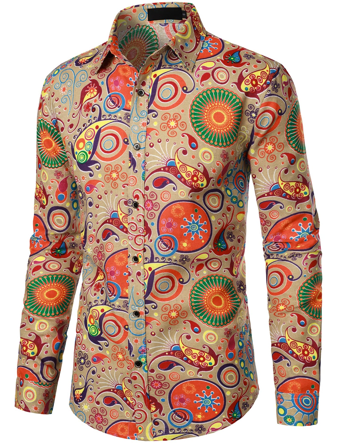 PARKLEES Men's Linen 70s Hippie Traditional Style Pattern Printed Long Sleeve Button up Shirt Khaki Large