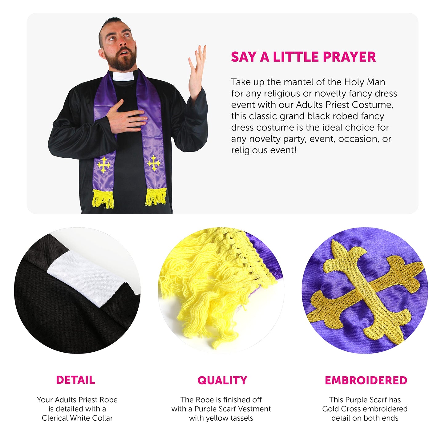 Mens Priest Costume - Small - Black Robe and Purple Clerical Scarf - Adults Halloween Fancy Dress Costume