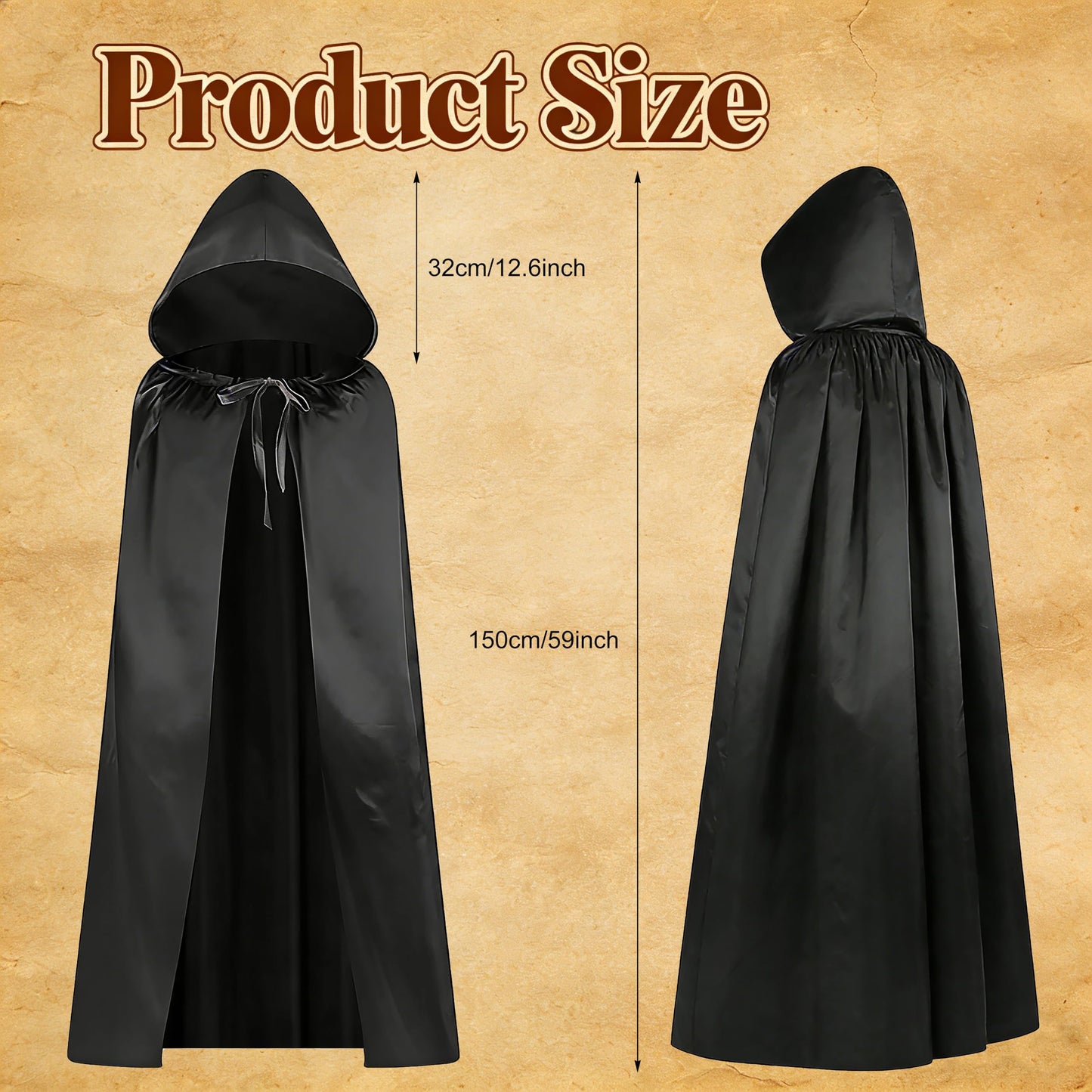 DABAOOU 7pcs Wizard Cape Costume Accessories Set, Halloween World Book Day Fancy Dress Adults, Black Hooded Cape, Scarf, Magic Wand, Glasses, Tie, Hat and Tattoo Stickers, Themed Party Cosplay Outfit