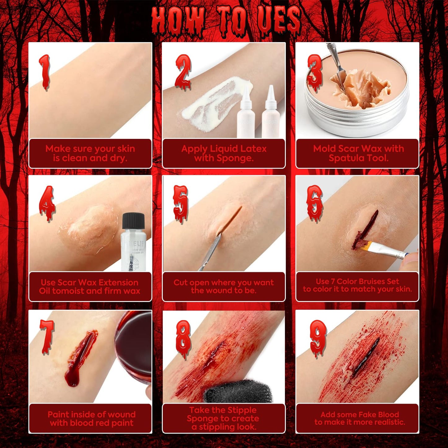 VIOLA HOUSE Halloween Special Effects Makeup, Christmas New Year Gift, 7 Colours Bruise Wound Face Body Paint + Scar Wax + Scar Oil + Liquid Latex + Fake Blood + Spatula + Stipple Sponge + Brush.