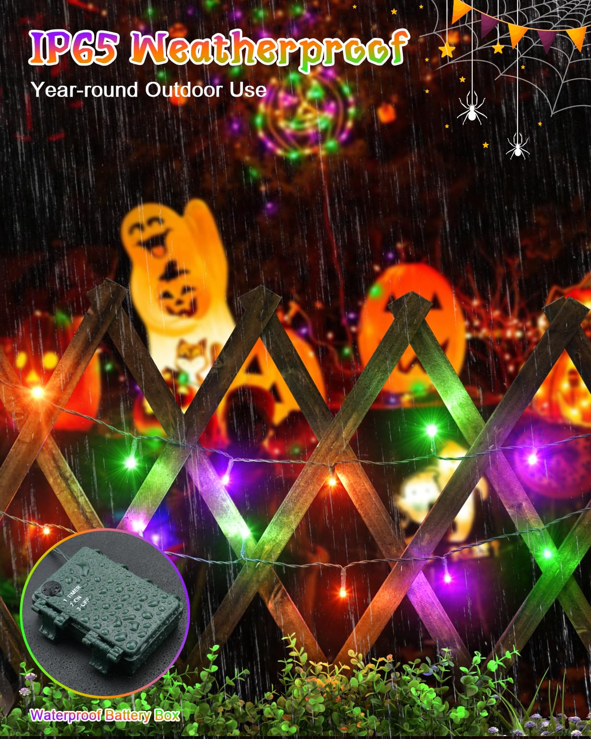Dalugo Halloween Lights Orange Purple Green, 5M 50 LED Battery Operated Halloween Decorations Fairy Lights with Timer, IP65 Waterproof Indoor Outdoor String Light for Hallow‌ Decor(Green Wire)