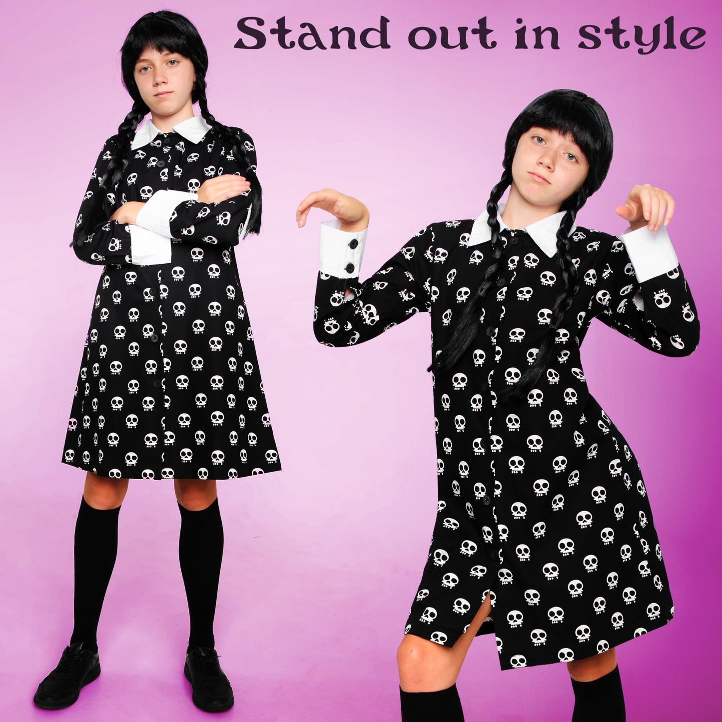 Wednesday Dress for Girls & Teens 7-16 Years, Halloween Dress with Long Sleeves & Peter Pan Collar, Halloween Costume Girls (Black AOP, 11-12 Years)