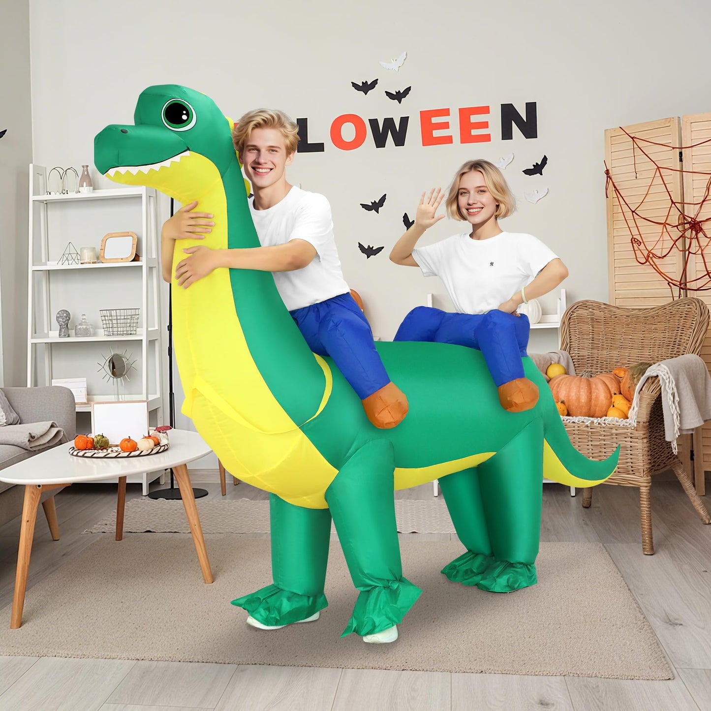 Poptrend Couple Inflatable Dinosaur Costume for Adult Blow Up Costumes 2 Person Halloween Funny Ride On Brachiosaurus Costumes for Men Women Funny Fancy Dress Party