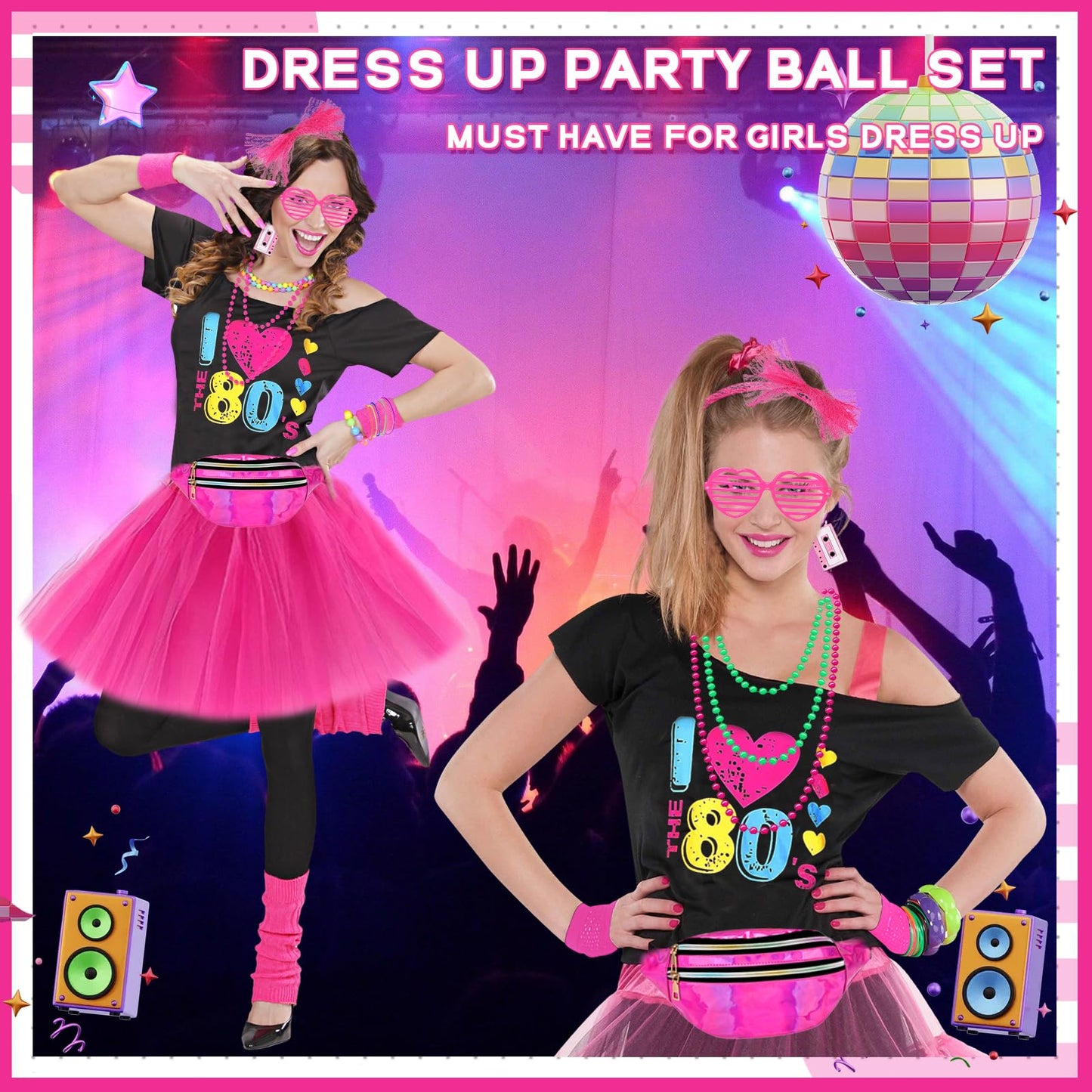 80s Fancy Dress Accessories for Women, Including T-Shirt Tutu Skirt Bumbag Leg Warmers Gloves Glasses Headband Earrings Necklace Bracelets 1980s Costume Outfits for Ladies Girls Hen Party