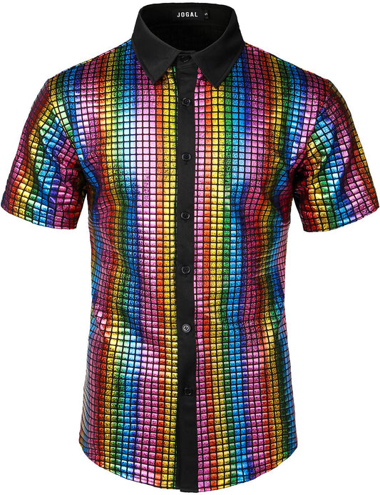 Men's Dress Shirt Sequins Button Down Short Sleeve Shirts 70s Disco
