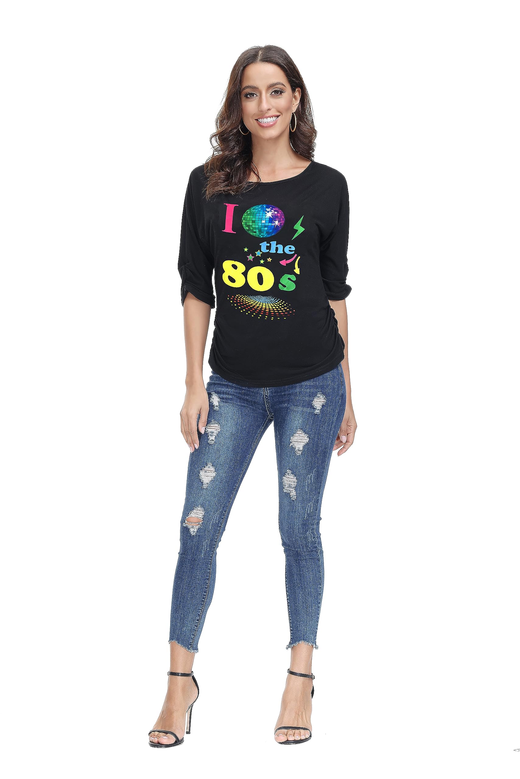 80s T Shirt Fancy Dress Costume for Women Off Shoulder Tops Sexy (image 5)