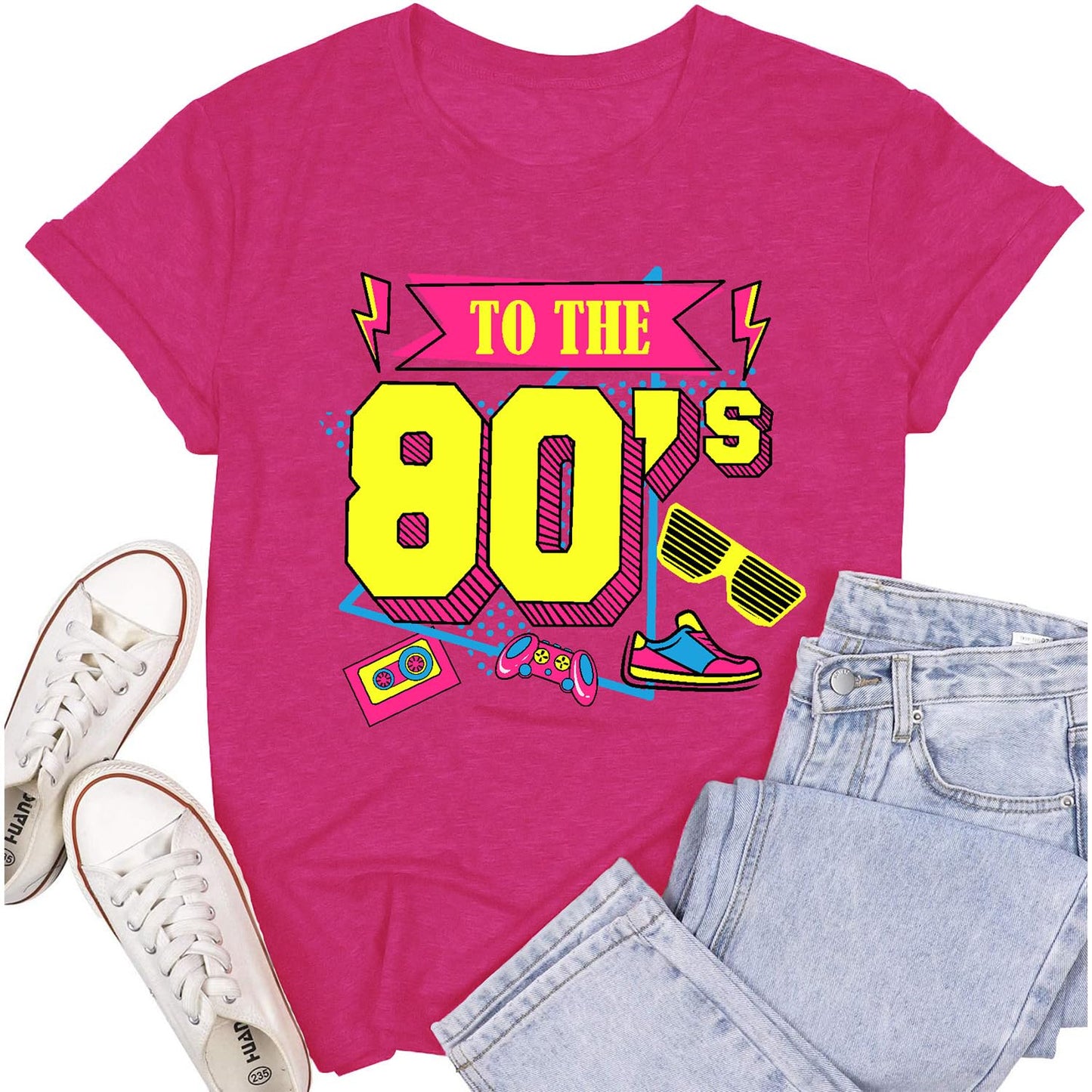 Cutesong Vintage 80s Shirts for Women Retro 1980 Party Outfits Vibrant Retro to The 80s Print tee top Rosered