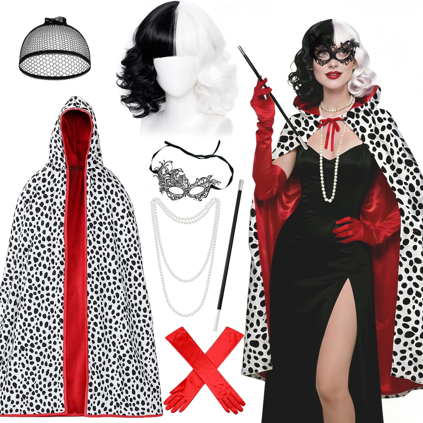 Cruella Costume Accessories Set for Women - Villain Fancy Dress Kit