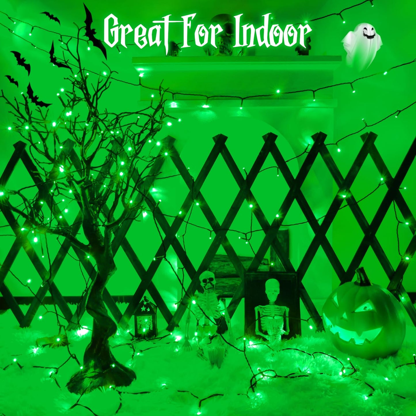 FFZZKJ Halloween Lights Outdoor 8 Modes Total 100 LED with Timer Waterproof 16.4Ft*2, 50LED*2 Fairy Lights Battery Operated for Halloween Decorations, Green