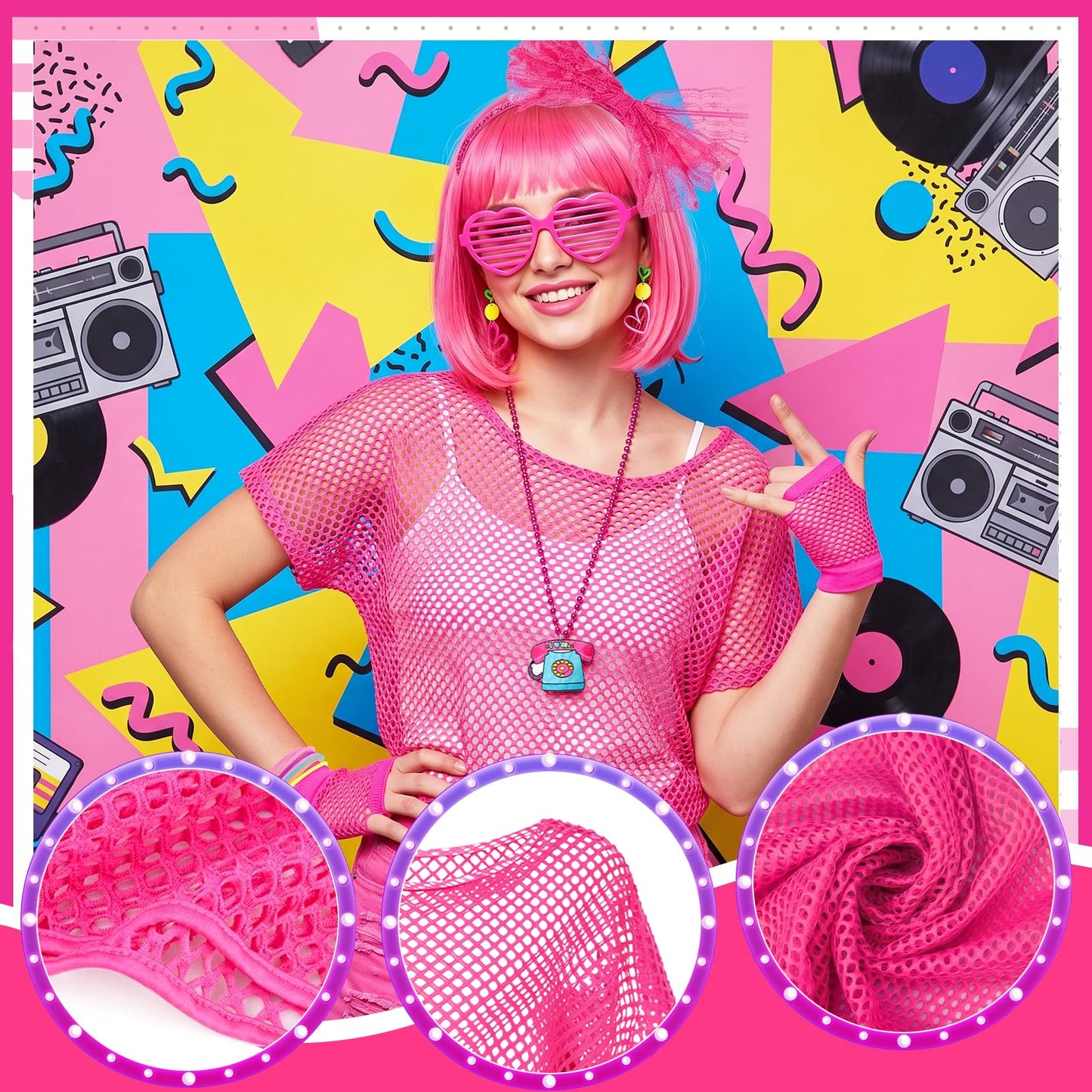 9Pcs 80s Costume Accessory Set for Women, Retro 1980s Fancy Dress Outfit with Mesh Top Wig Leg Warmers Headband Earrings Necklace Bracelets Fishnet Gloves Glasses for 80s Theme Party Halloween Cosplay