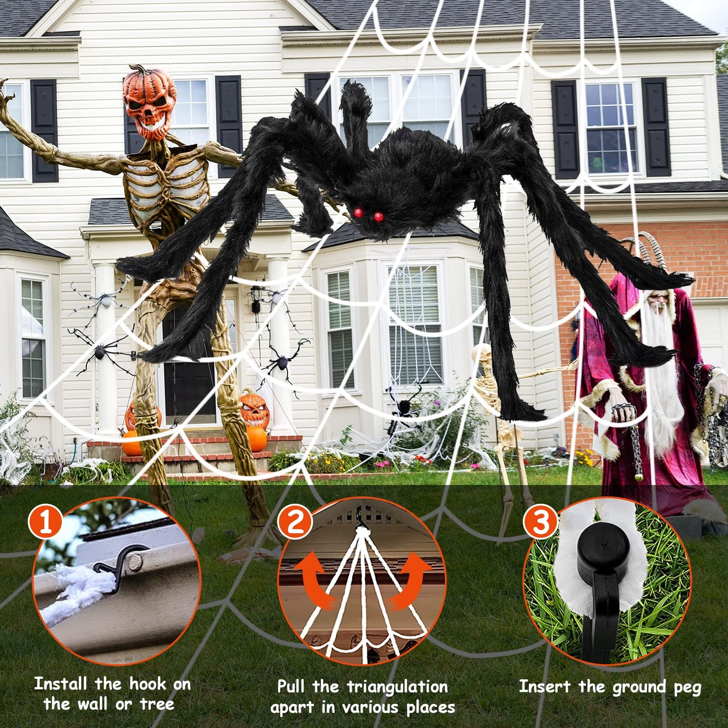Newthinking Outdoor Halloween Decorations, Giant Plush Spider and Large Web for Halloween Outdoor House Decoration