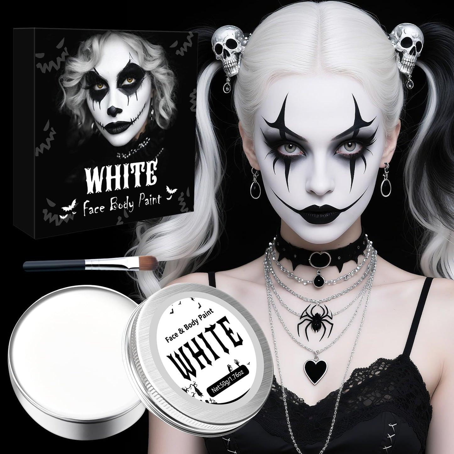 50g White Face Paint Halloween - 1.76oz Halloween Makeup Kit Kids Adults With Brushes, Professional Body Paint Set for Zombie Vampire Skeleton Joker Clown Witch Day of the Dead, Fancy Dress Festivals