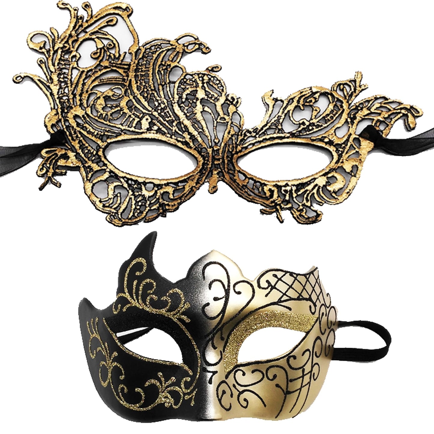 HeHeGe 2 Pcs Masquerade Mask, Lace Half-FaceMasks, Masquerade Masks for Couples,Sexy VenetianCarnival Masks, for Masquerade Venetian Carnival Party Dress Halloween Masks (Gold)