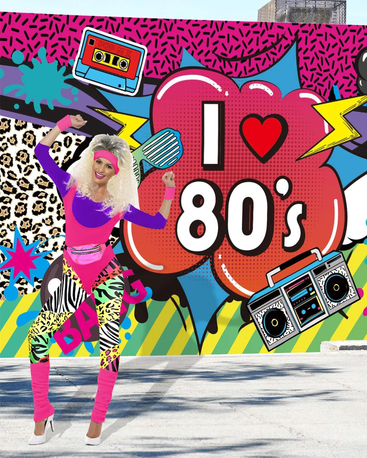 80s Costume Outfits Accessories Set for Girls, 80s Fancy Dress For Women, 1980s Fancy Dress Party Kits with Headband Earring Leg Warmers Headband for 1980 Retro Parties Hen Do Parties Ladies(M)