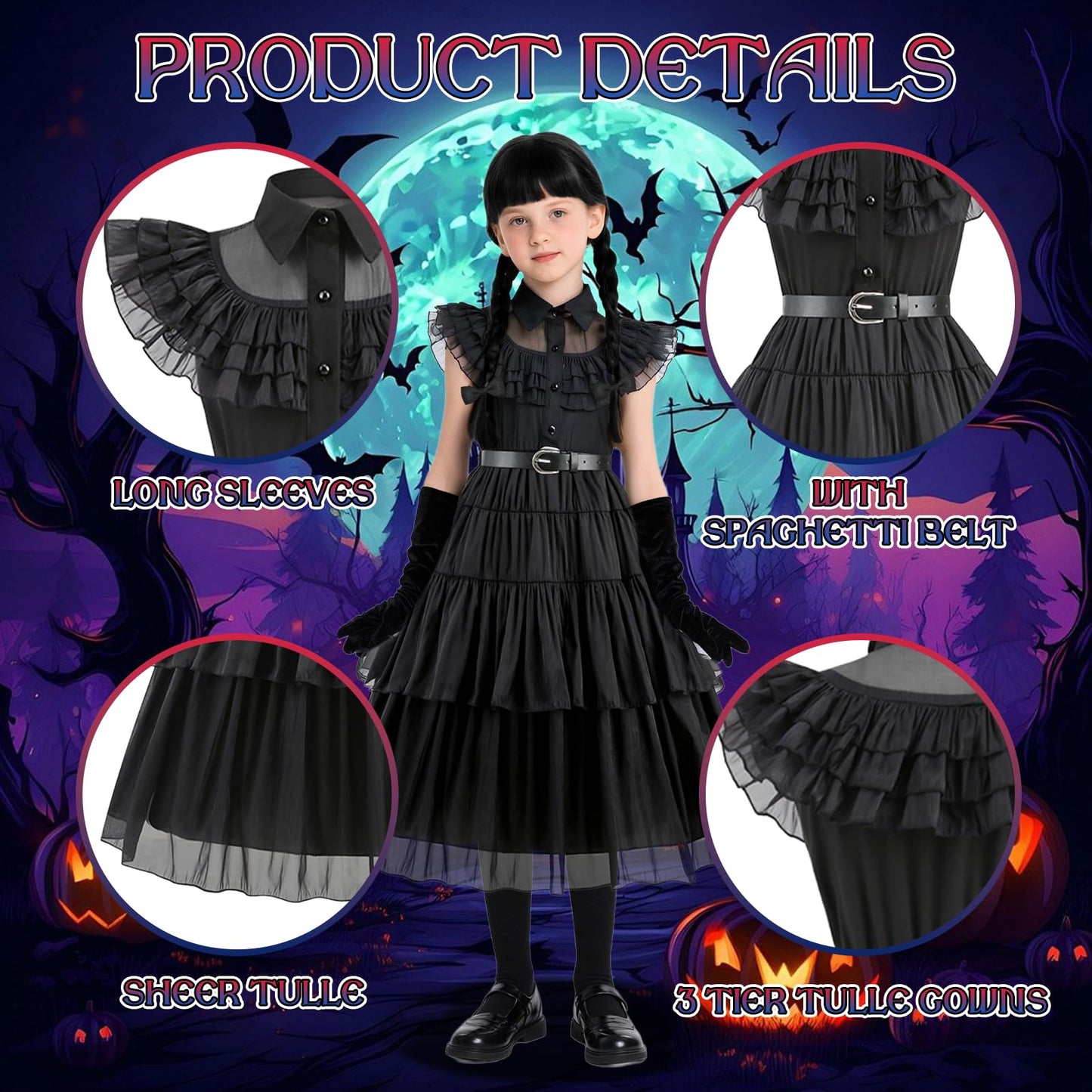 Carreuty 8 Pcs Black Princess Costume Dress Girls Sets, Black Family Dress up Outfits for Kids with Wigs Gloves Socks Hair Bands Tattoos, Gothic School Fancy Dress for World Book Day Halloween