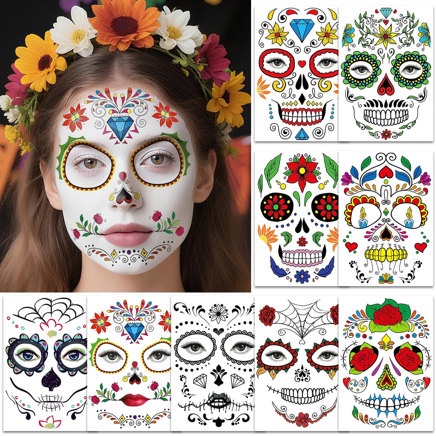 Leesgel Day of the Dead Costumes Face Tattoo, 9 Sheets Temporary Tattoos Stickers for Day of the Dead Mask Face Paint Makeup Accessories, Dia de Los Muertos Halloween Decorations