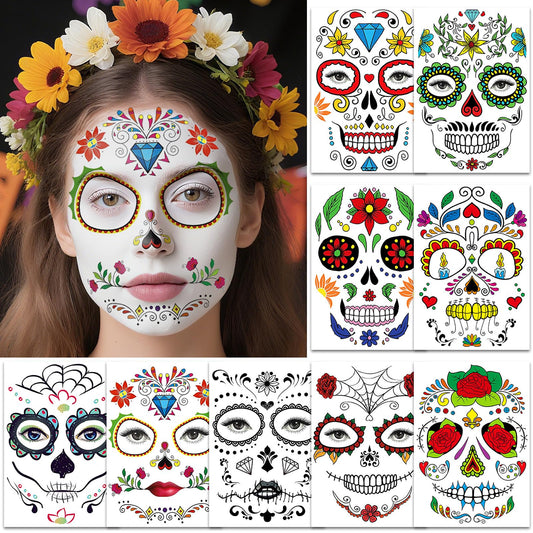 Leesgel Day of the Dead Costumes Face Tattoo, 9 Sheets Temporary Tattoos Stickers for Day of the Dead Mask Face Paint Makeup Accessories, Dia de Los Muertos Halloween Decorations