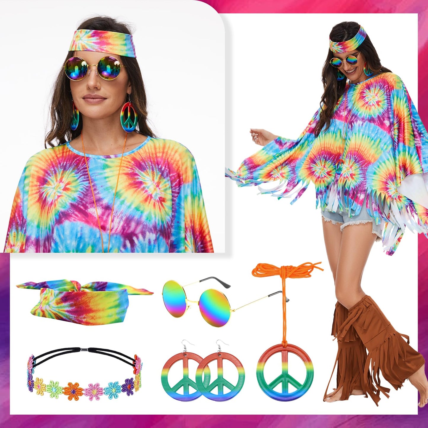 70s Fancy Dress Women Disco Hippie Costume Outfits 7 Pieces Accessories Set Fringe Leg Warmers Boho Headband Necklace Earrings Sunglasses for Party Halloween, bandhnu