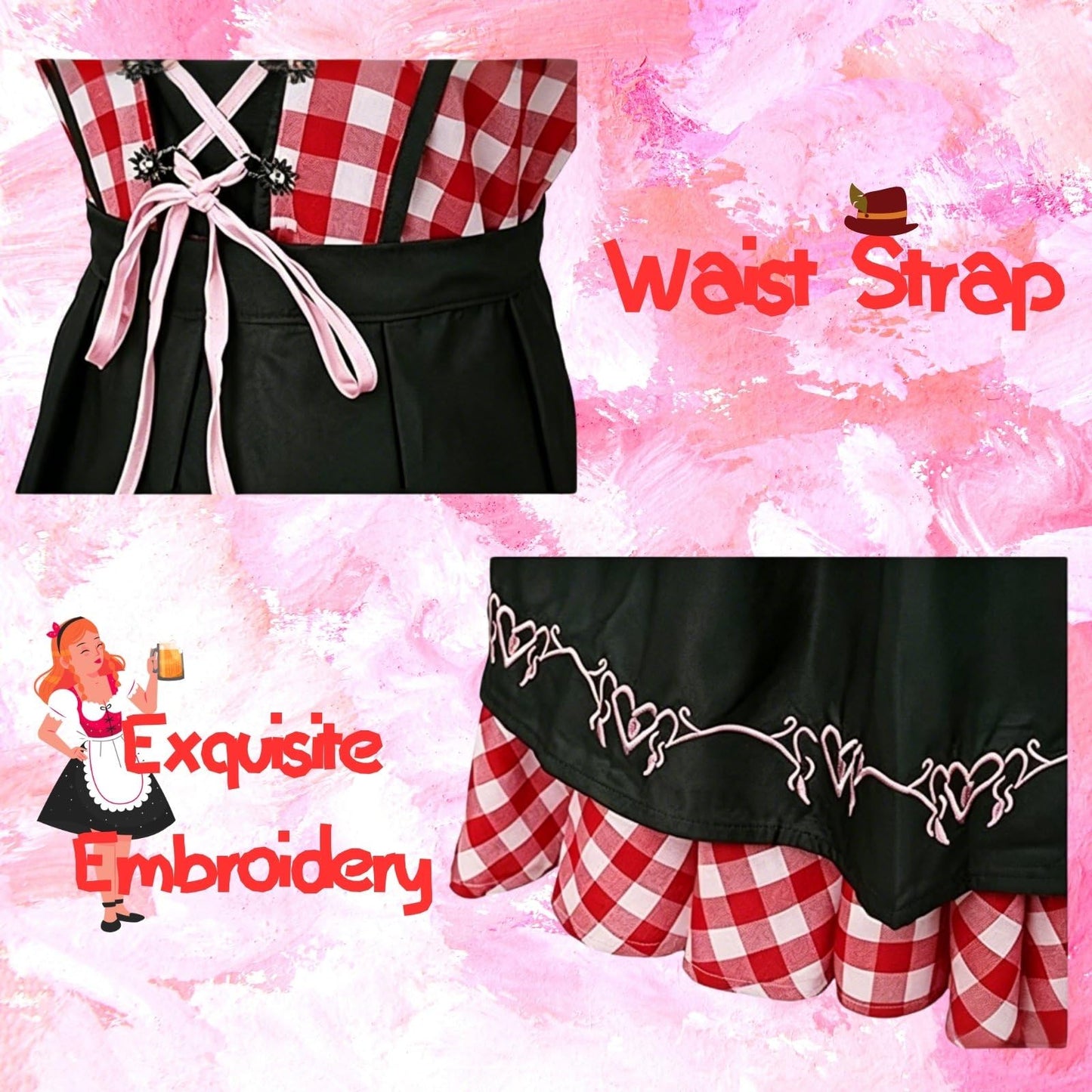 HAPNBCELE Oktoberfest Costume for Womens, German Dirndl Plaid Dress with Apron Traditional Beer Bavarian Carnival Halloween (Red Plaid, Medium)