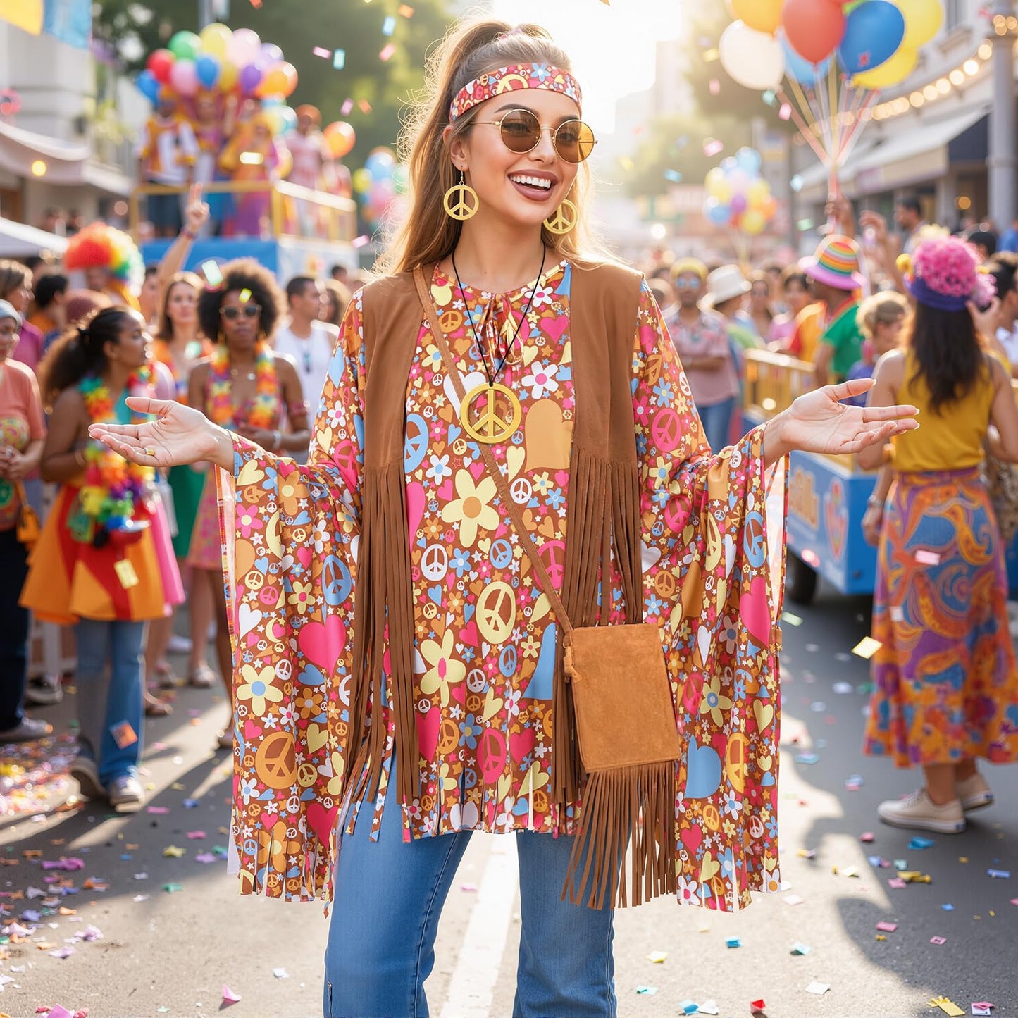 iZoeL 70s Hippie Costumes Women Ladies 1980 Hippie Wigs Boho 70s Costume 80s Accessories 60s Retro Festival Outfit - Sunglasses Peace Necklace Headband- Rock Retro Disco Fancy Dress