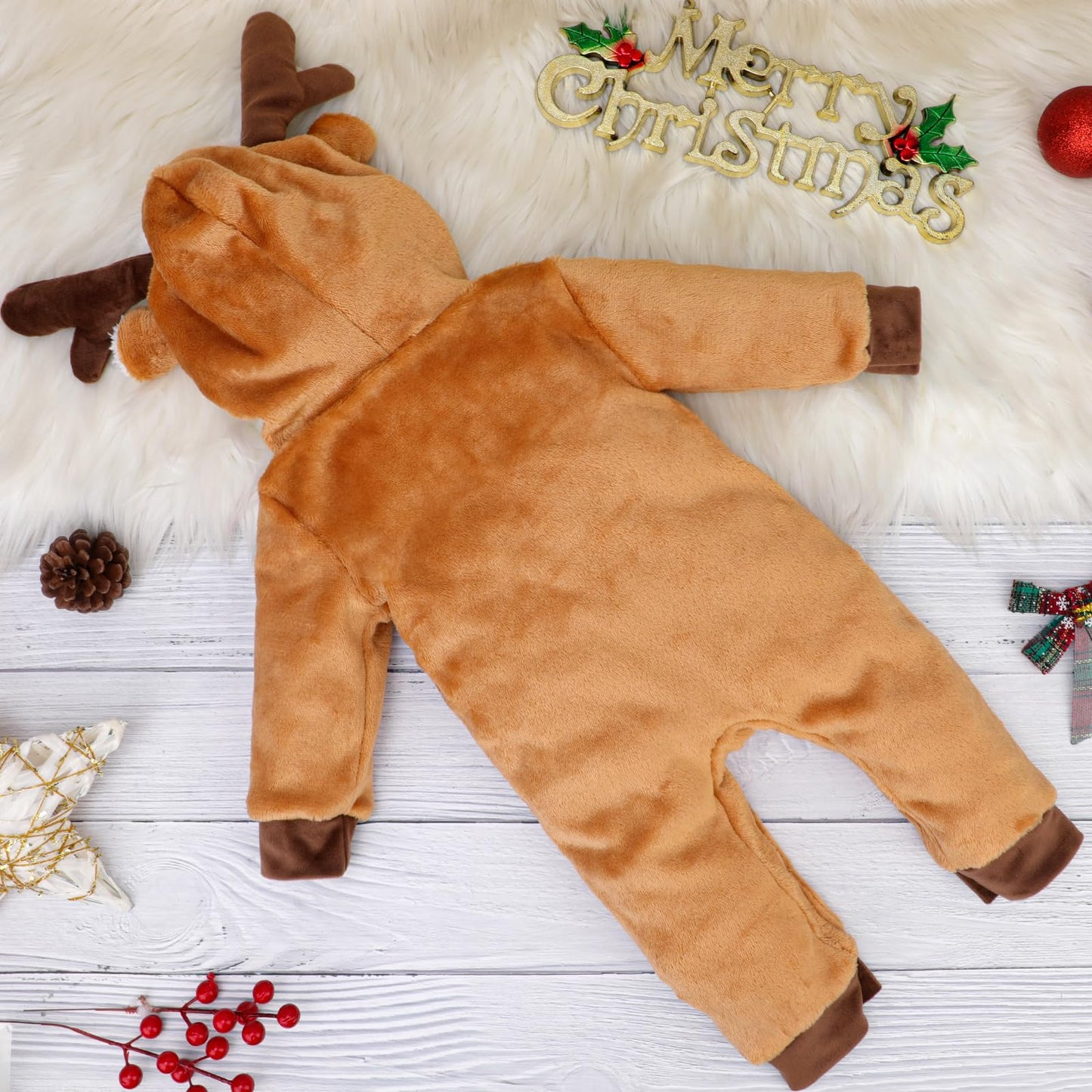 Beipegin Baby Deer Costume Boys Girls Infant Animal Romper Jumpsuit Newborn Hooded Flannel Reindeer Onesie Baby Christmas Halloween Costume