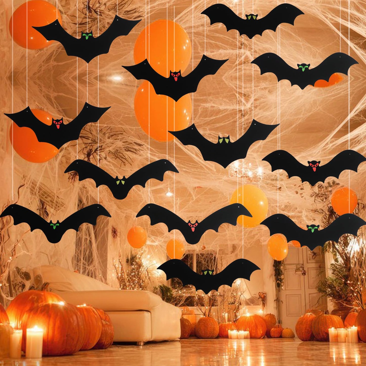 12PCS Bats Halloween Decorations, Black Halloween Hanging Bats/Flying Bat Decorations with Glowing Eyes for Halloween Decor Outdoor Yard Party