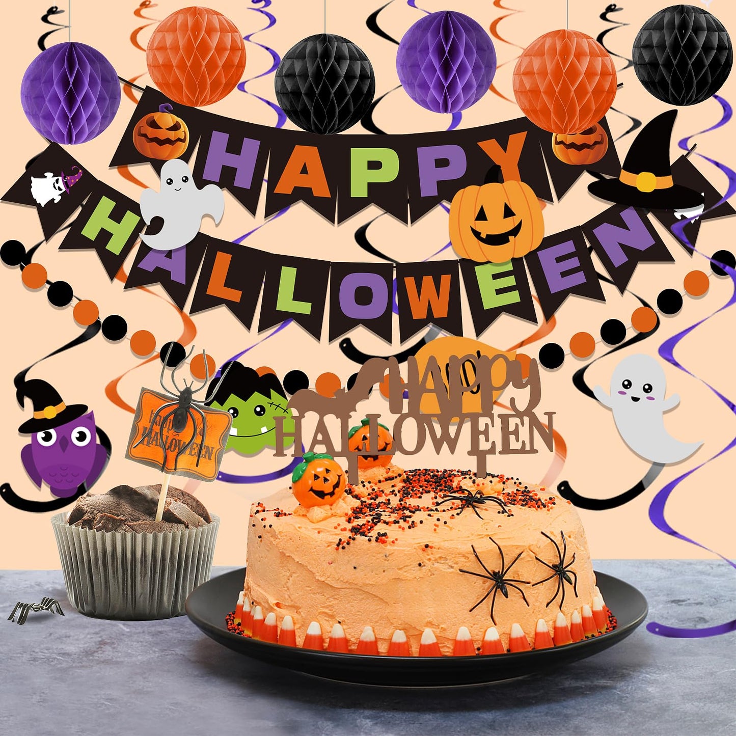 Happy Halloween Banner Decorations - Honeycomb Ball & Swirl Streamer Circle Dot Garland