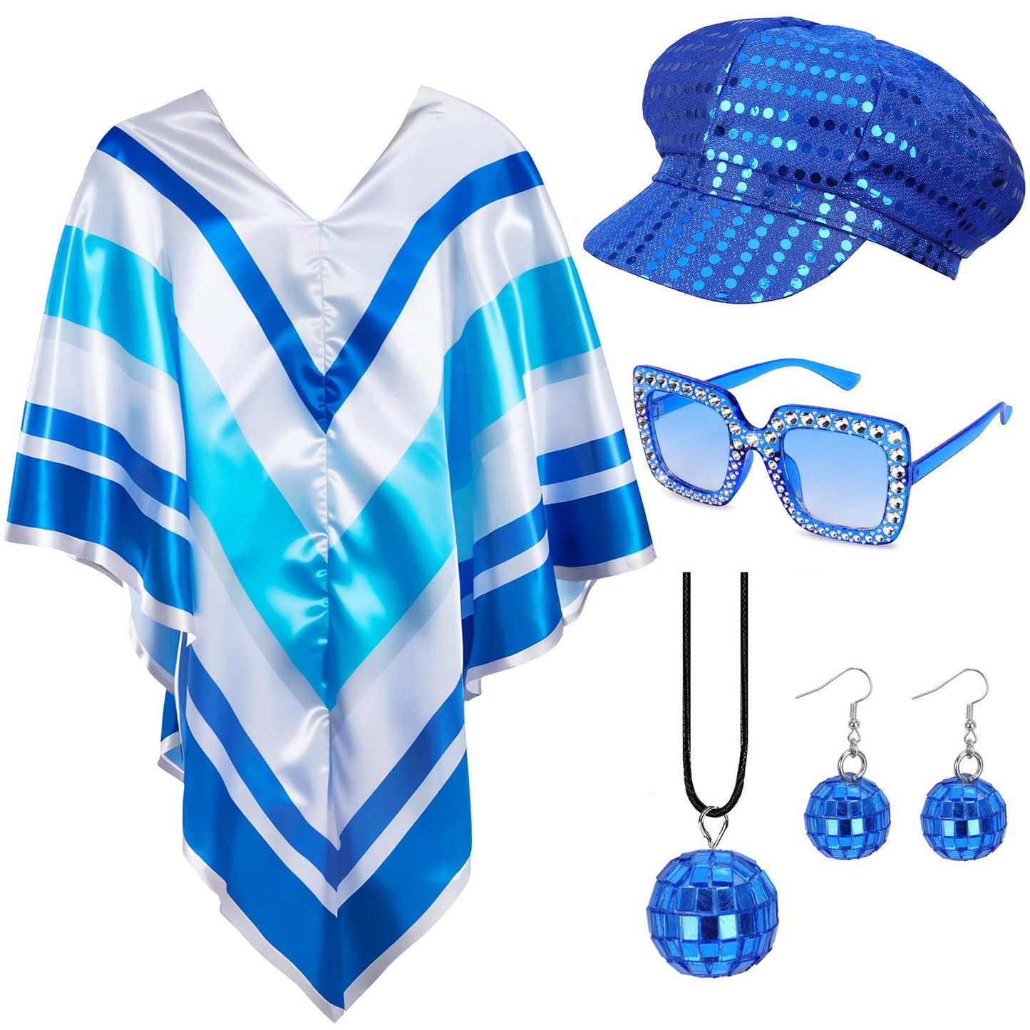 Bryndo 5 Pcs 70s Fancy Dress Set for Women, Disco Costume Accessories with Pop Poncho Sequin Beret Hat Square Bling Sunglasses Earrings Necklace for 70s Theme Party Dress Up (Blue)
