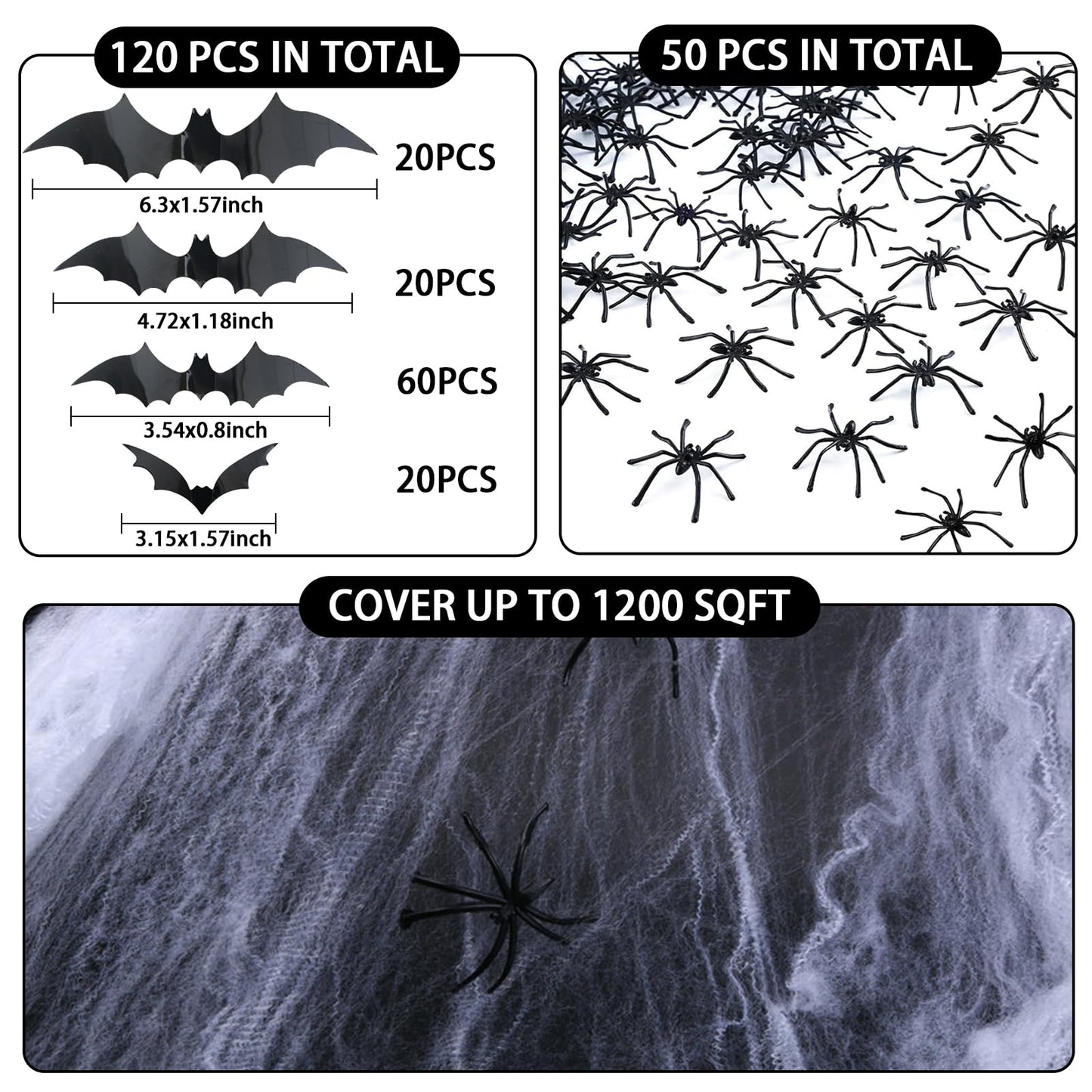 1200 sqft Halloween Spider Webs &120pcs Fake bats 50pcs Fake Spiders Super Stretch Cobwebs for Halloween Theme Decoration Party Supplies