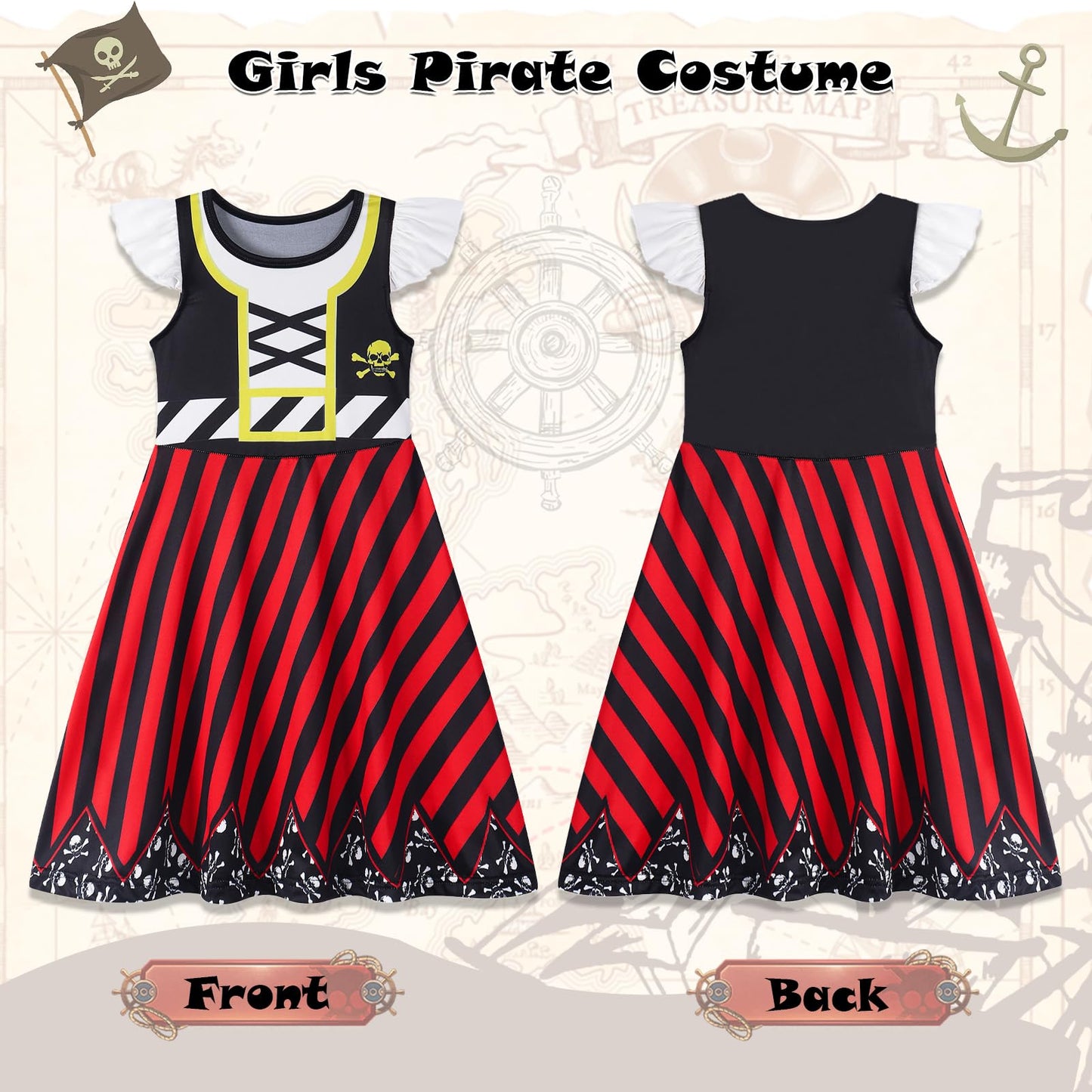 Berich Girls Pirate Costume Kids Halloween Costumes for Girls World Book Day Dress up Pirate Hat Eye Patch Headband Sword School Pretend Play Outfit Kids Dressing up Clothes 5-6 Years, Size 130, Red