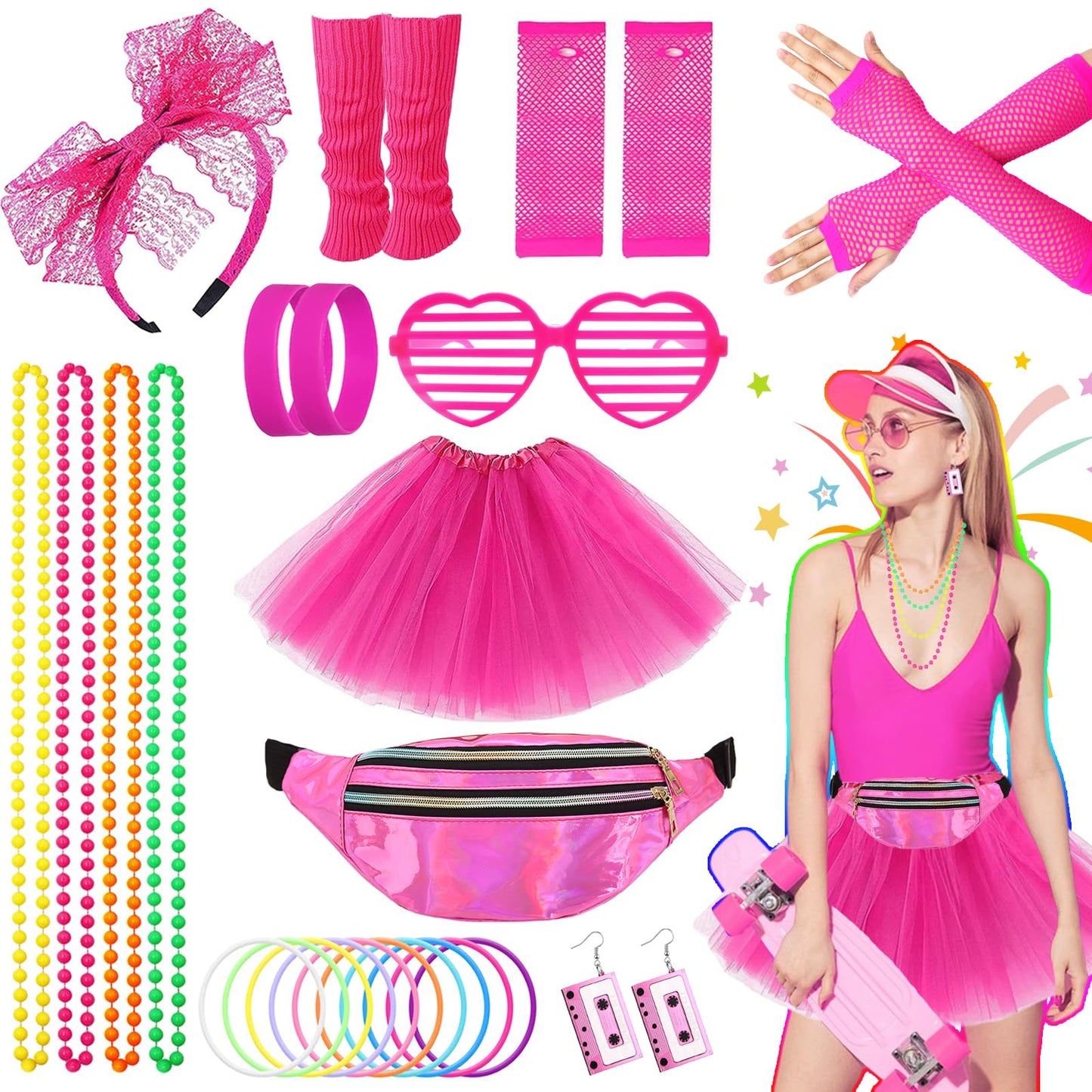 80s Fancy Dress for Women, 1980s Party Costume Accessories Set Bumbag Tutu Skirt Leg Warmer Earrings Fishnet Gloves Necklace Glasses Bracelet Headband, Retro Outfit for 80s Party/Dress up Day
