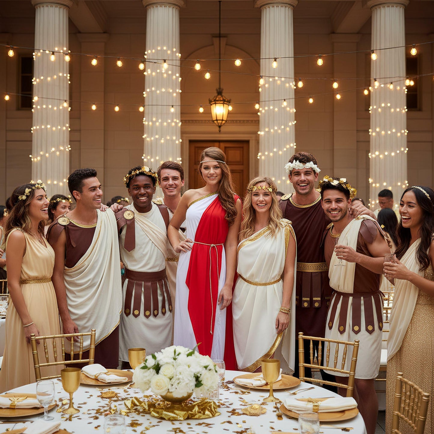 HENBRANDT Adult Women’s Roman Lady Long Dress with Red Shawl and Headpiece Floor Length White Toga Fancy Dress Costume Ancient History Dress Up Outfit One Size Ladies Fancy Dress Costume