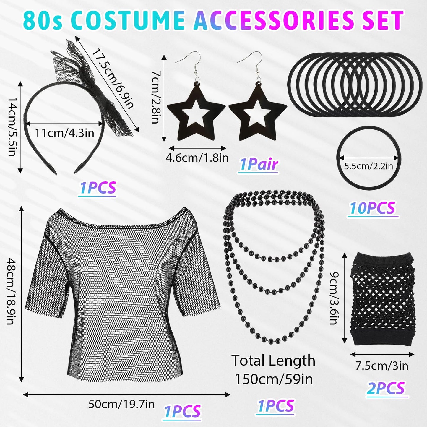GSrenyu 17 Pcs Black 80s Accessories for Women Girls, 80s Outfits Costume with Fishnet Top, Fishnet Gloves, Lace Headband, Earrings, Necklace & Bracelet for Retro Party, Dress up Day