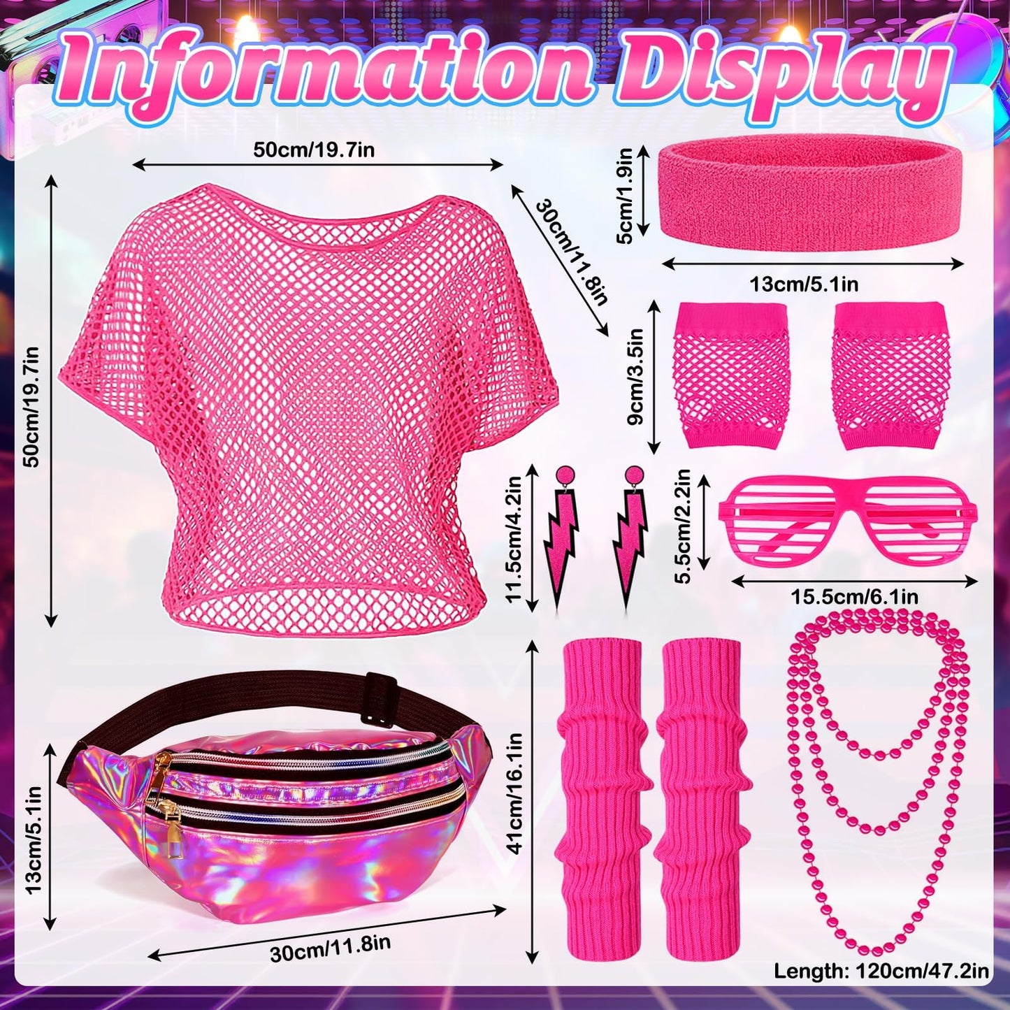 80s Fancy Dress for Women Neon Pink Outfit Set - 1980s Mesh Top Holographic Bum Bag Leg Warmers Fishnet Gloves Glasses Jewellery Ladies Retro Disco Hen Party Festival Costume Accessories (Rose Red)