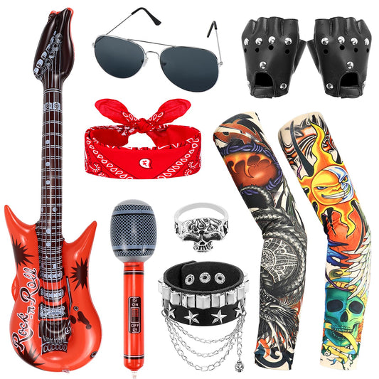 Punk rockstar costume accessory set with gloves and sunglasses