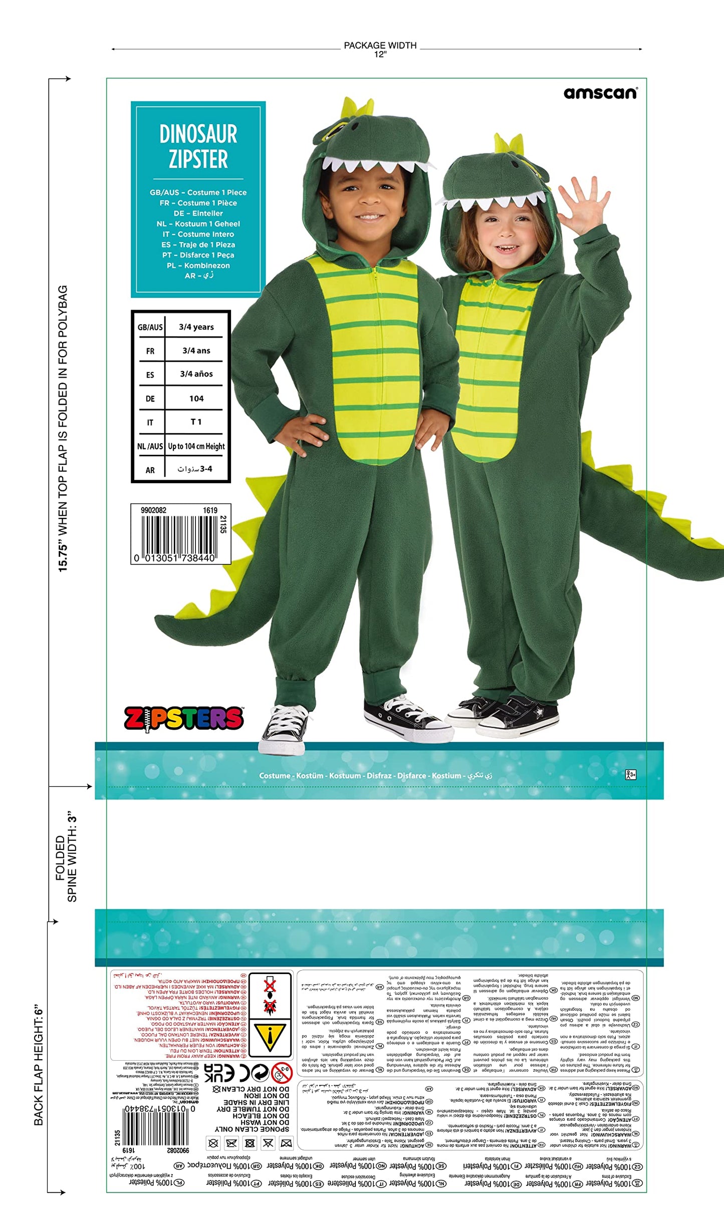 amscan 9902083 Childs Kids Green Zipster Dinosaur Fancy Dress Costume Age 4-6 Years