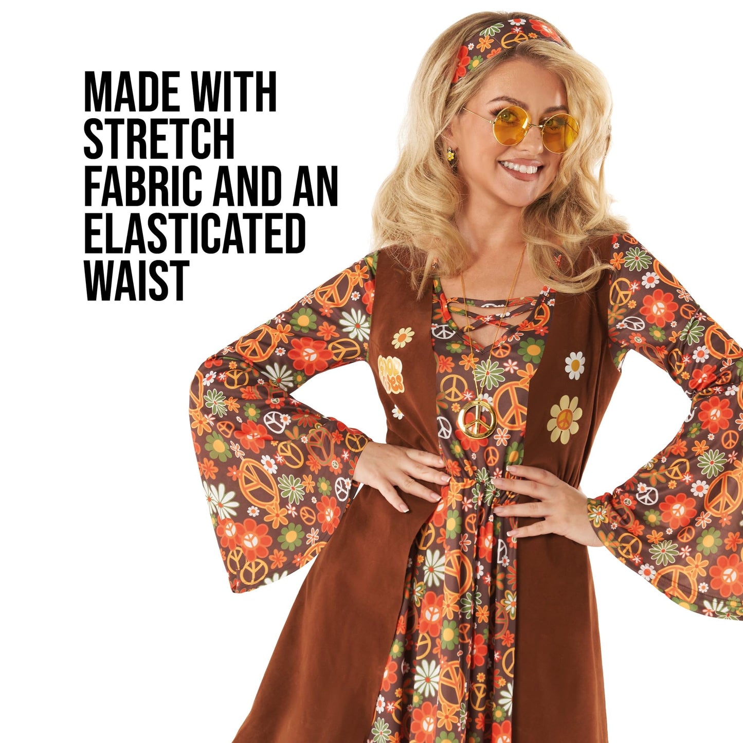 Morph Hippie Costume Women 70s Fancy Dress, 60s Outfits, Retro Halloween Costume, Vintage Party Attire for Women, Small Brown