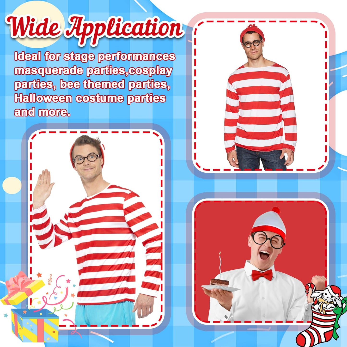 3PCS Men's Wally Costume Set,Cosplay Accessories Set with Red&White Stripe Long Sleeve Top Bobble Hat Black Nerd Glasses,90s Fancy Dress Costume for World Book Day Halloween Dress Up Day (Men, M)