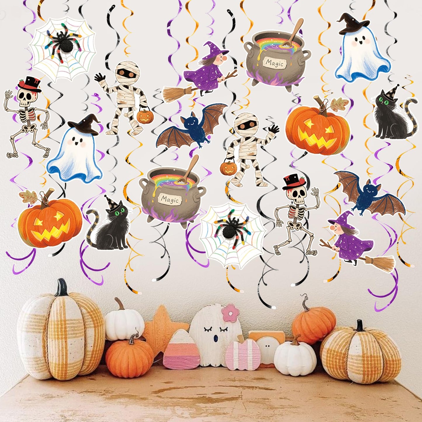 Vsosfiza Halloween Hanging Swirl Set Party Decorations, 48 Pcs,Ghost Pumpkin Skull Cat Witch Party Supplies Sign,Black purple Orange
