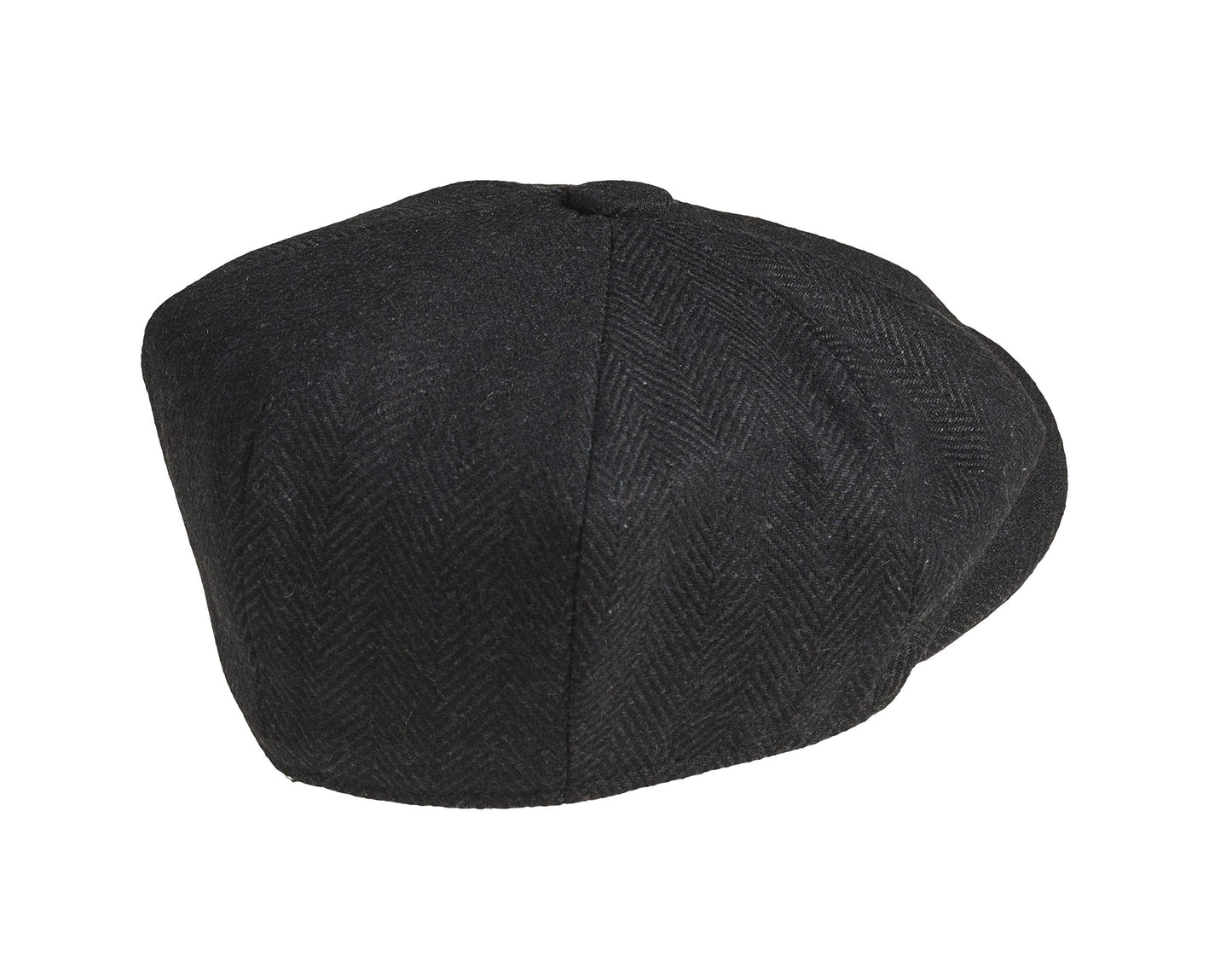 'newsboy' Style Flat Cap -Melton Wool Fabric Black Herringbone