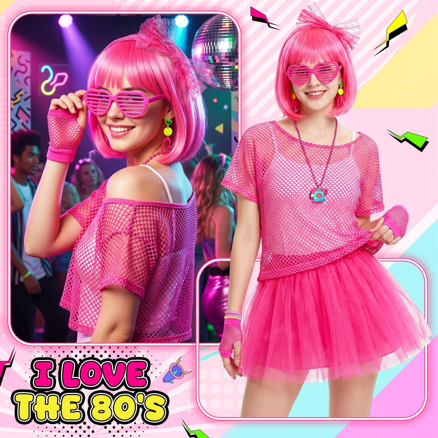 9Pcs 80s Costume Accessory Set for Women, Retro 1980s Fancy Dress Outfit with Mesh Top Wig Leg Warmers Headband Earrings Necklace Bracelets Fishnet Gloves Glasses for 80s Theme Party Halloween Cosplay