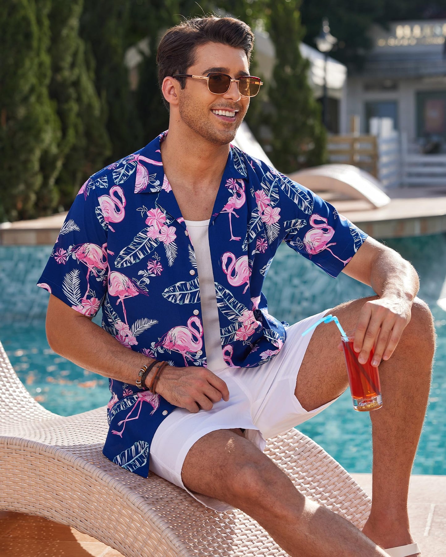Hawaiian Shirt Short Sleeve Shirts Men Summer Blue Flamingo Beach