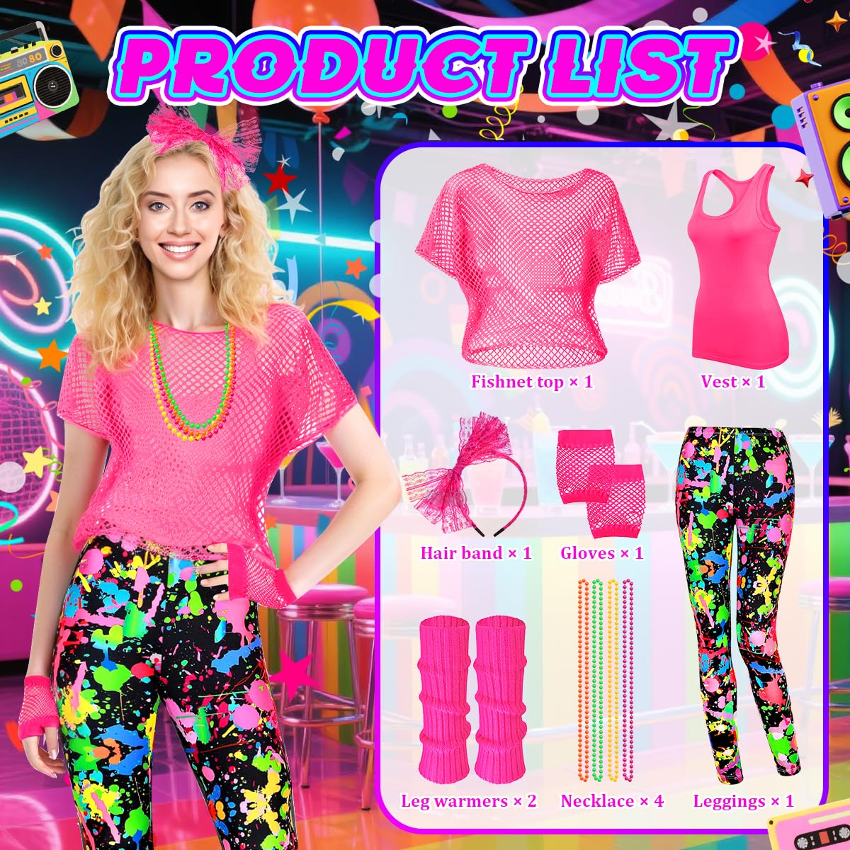 80s Fancy Dress Costume Set - 1980s Accessories Kit with Fishnet (image 5)